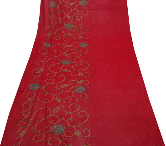 Sushila Vintage Red Sari Remnant Scrap Pure Georgette Embroidered Craft Fabric