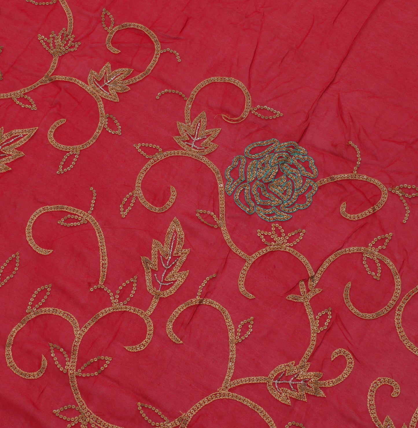 Sushila Vintage Red Sari Remnant Scrap Pure Georgette Embroidered Craft Fabric