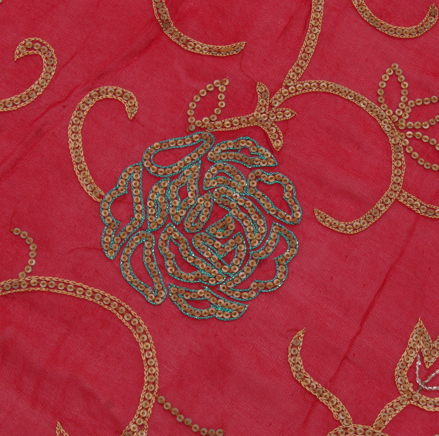 Sushila Vintage Red Sari Remnant Scrap Pure Georgette Embroidered Craft Fabric