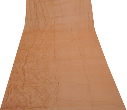 Sushila Vintage Brown Sari Remnant Scrap Pure Chiffon Embroidered Craft Fabric