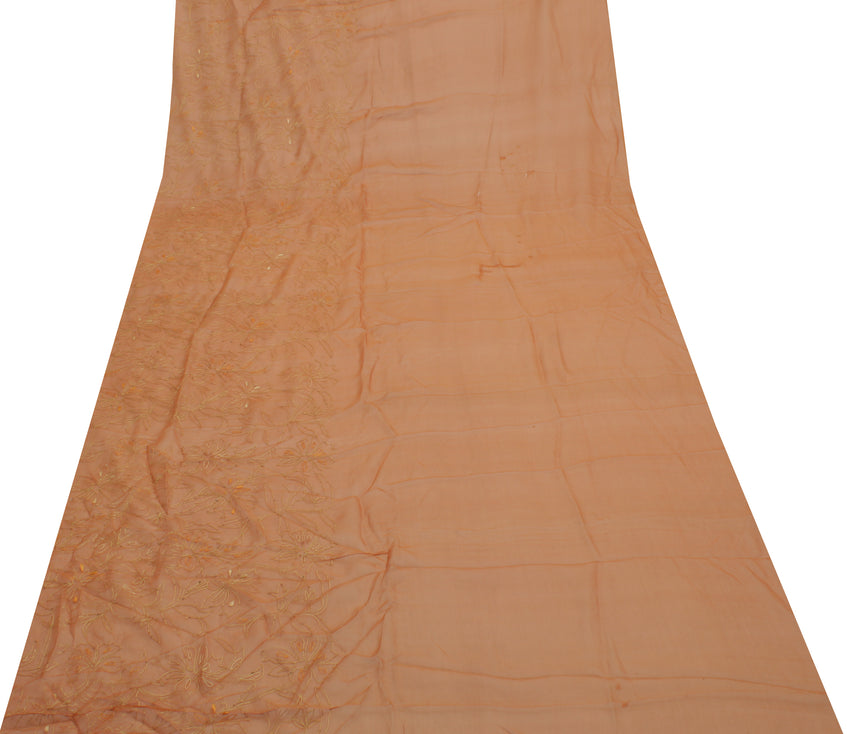 Sushila Vintage Brown Sari Remnant Scrap Pure Chiffon Embroidered Craft Fabric