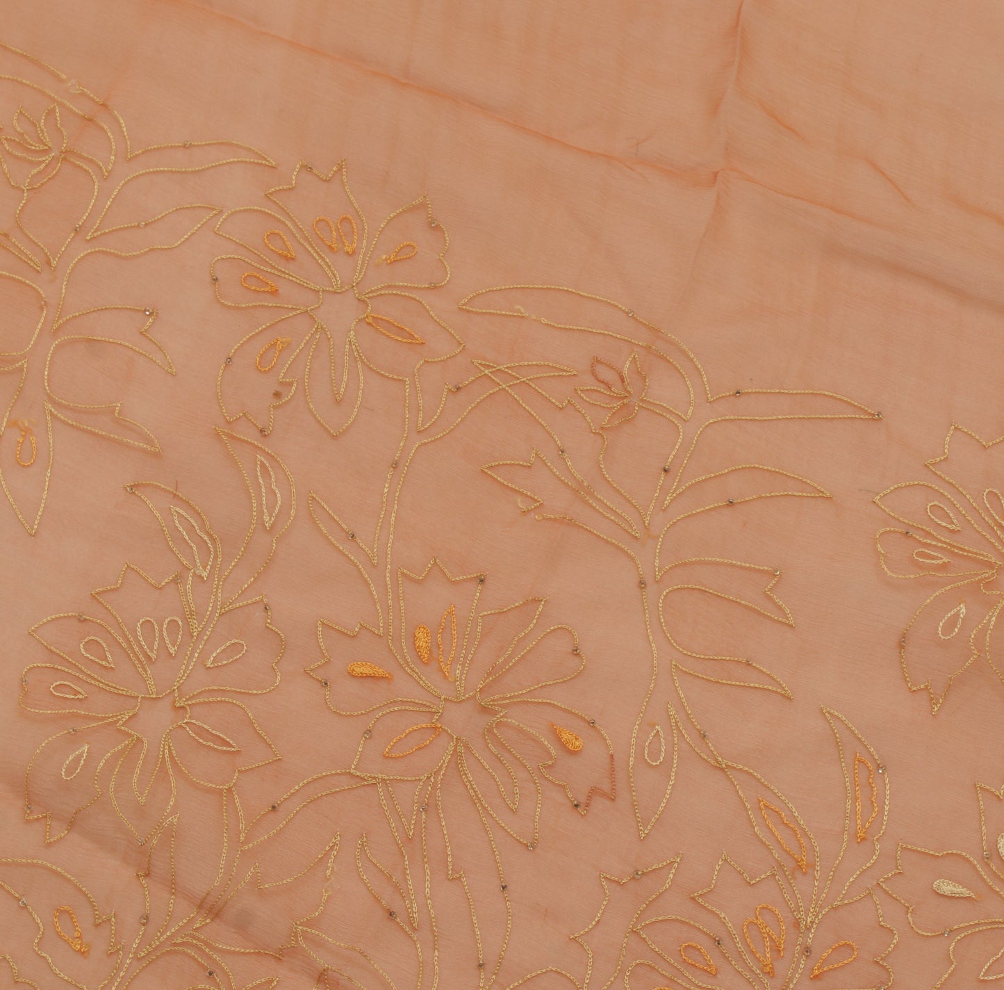 Sushila Vintage Brown Sari Remnant Scrap Pure Chiffon Embroidered Craft Fabric