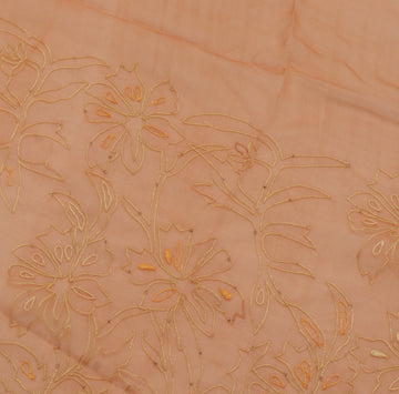 Sushila Vintage Brown Sari Remnant Scrap Pure Chiffon Embroidered Craft Fabric