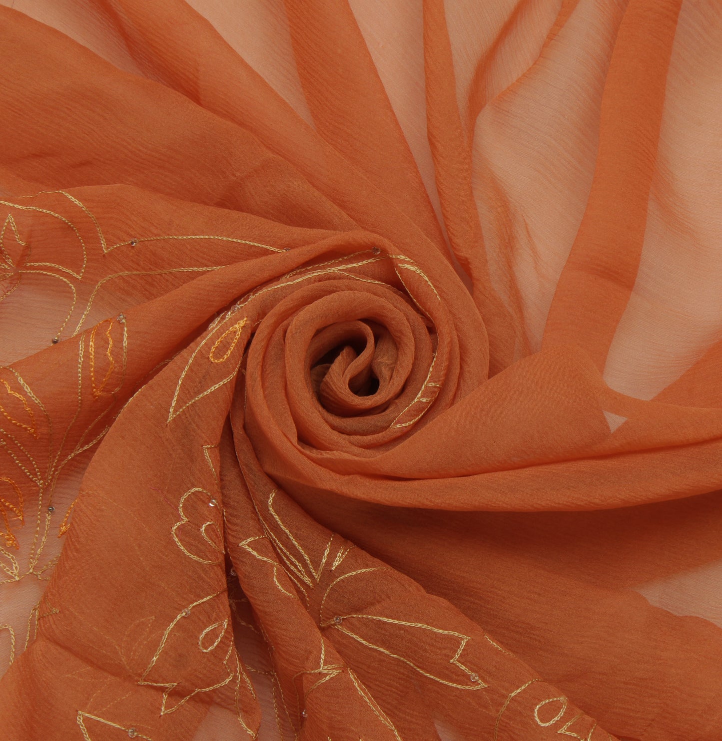 Sushila Vintage Brown Sari Remnant Scrap Pure Chiffon Embroidered Craft Fabric