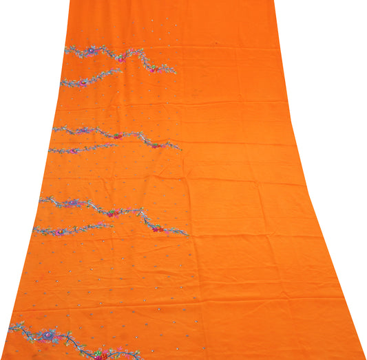 Sushila Vintage Orange Sari Remnant Scrap Pure Crepe Embroidered Craft Fabric