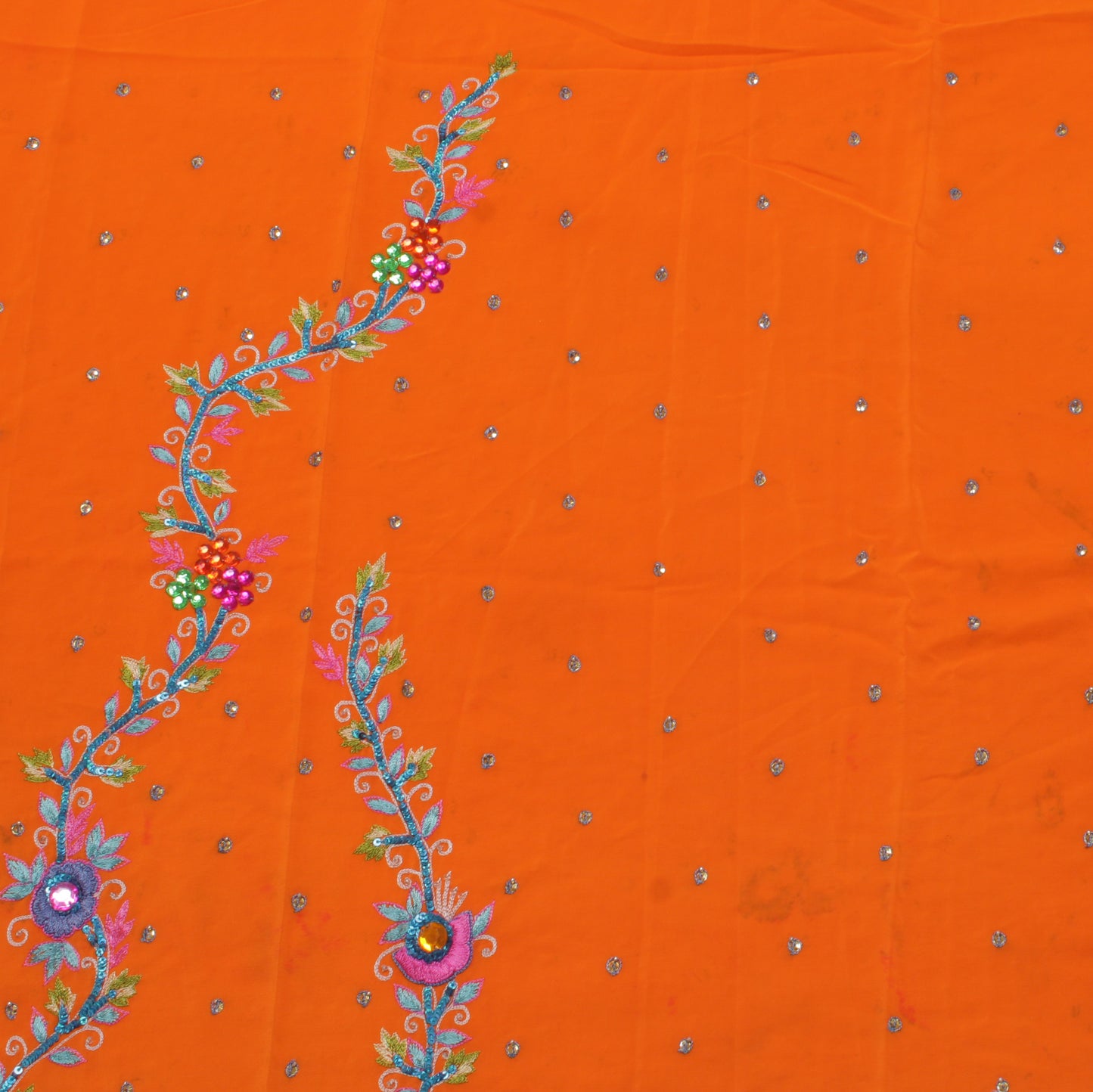 Sushila Vintage Orange Sari Remnant Scrap Pure Crepe Embroidered Craft Fabric
