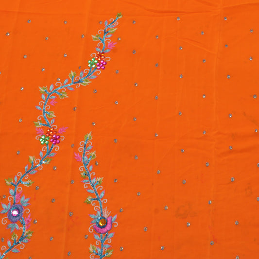 Sushila Vintage Orange Sari Remnant Scrap Pure Crepe Embroidered Craft Fabric