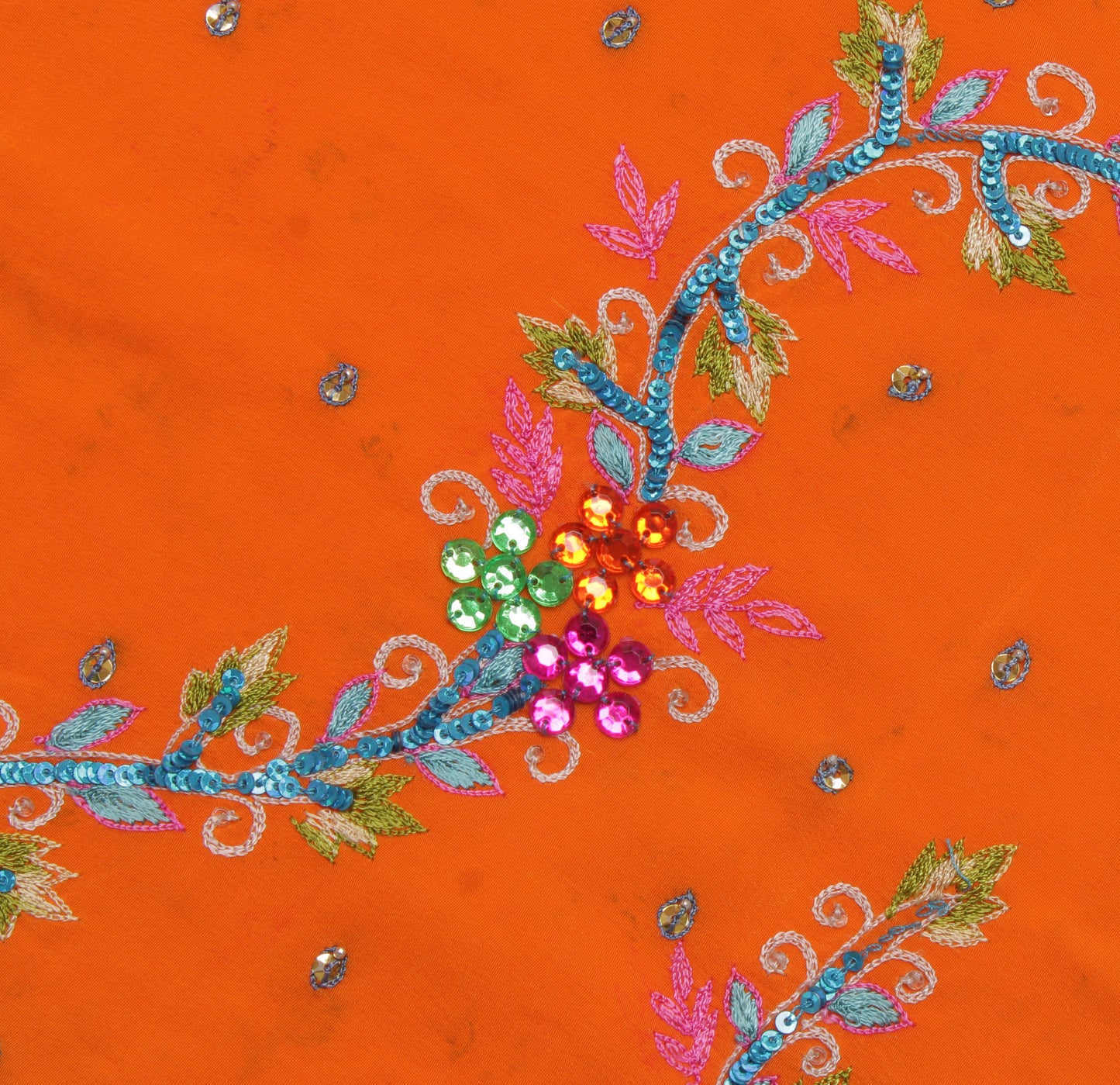 Sushila Vintage Orange Sari Remnant Scrap Pure Crepe Embroidered Craft Fabric