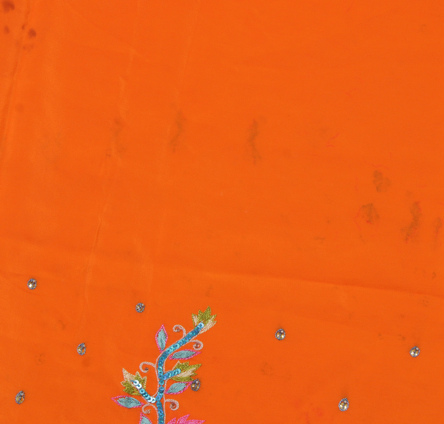Sushila Vintage Orange Sari Remnant Scrap Pure Crepe Embroidered Craft Fabric