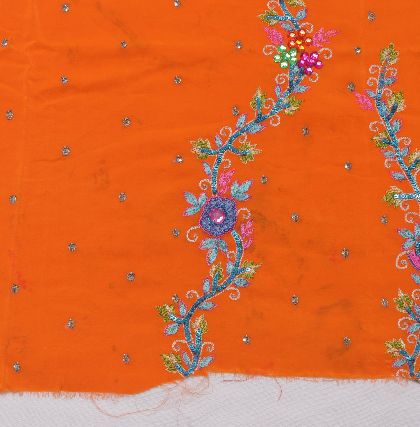 Sushila Vintage Orange Sari Remnant Scrap Pure Crepe Embroidered Craft Fabric