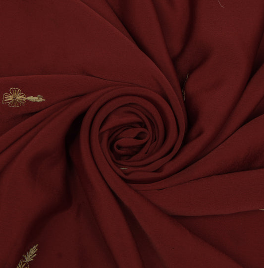 Sushila Vintage Maroon Sari Remnant Scrap Blend Crepe Embroidered Craft Fabric