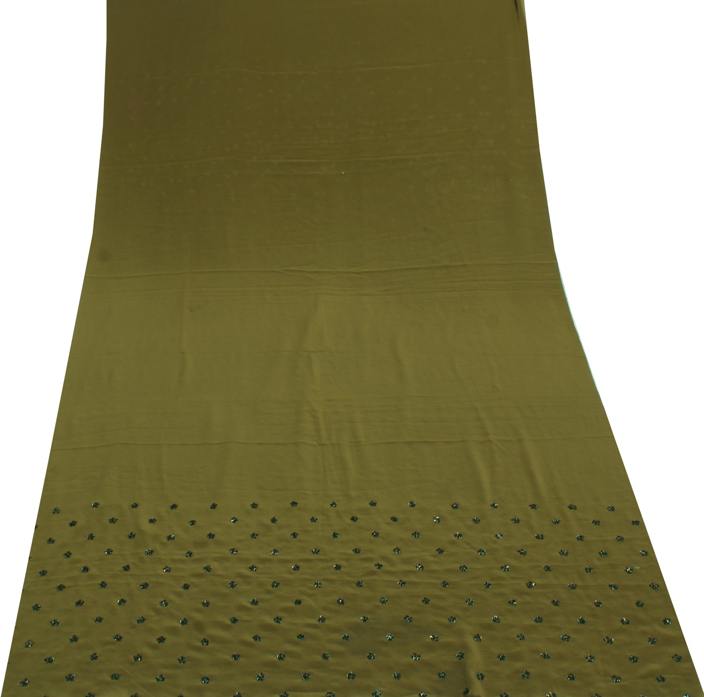 Sushila Vintage Green Sari Remnant Scrap Blend Crepe Hand Beaded Craft Fabric