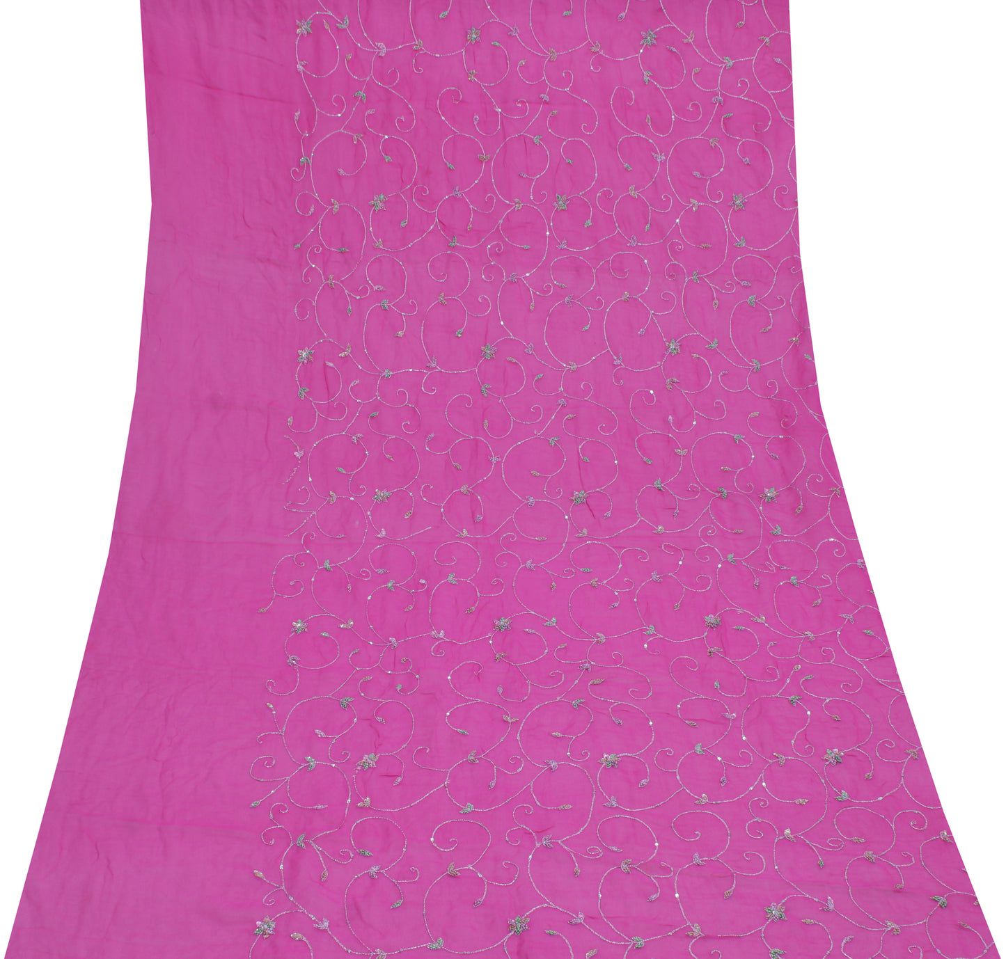 Sushila Vintage Pink Sari Remnant Scrap Pure Georgette Embroidered Craft Fabric