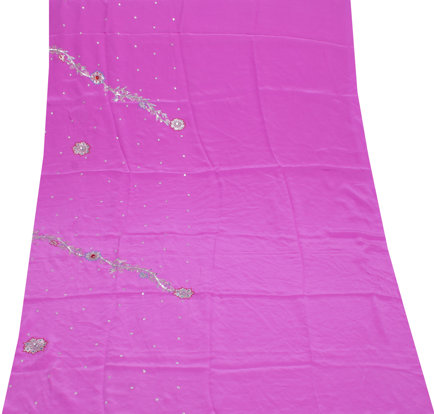Sushila Vintage Pink Sari Remnant Scrap Pure Crepe Zari Embroidered Craft Fabric