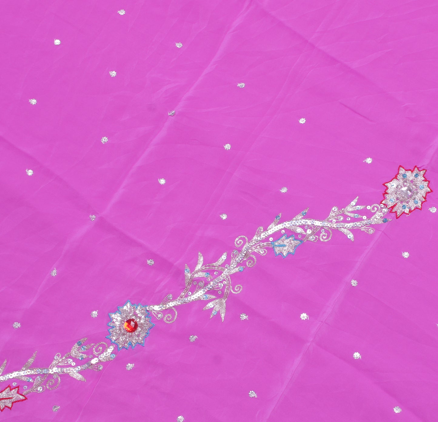 Sushila Vintage Pink Sari Remnant Scrap Pure Crepe Zari Embroidered Craft Fabric