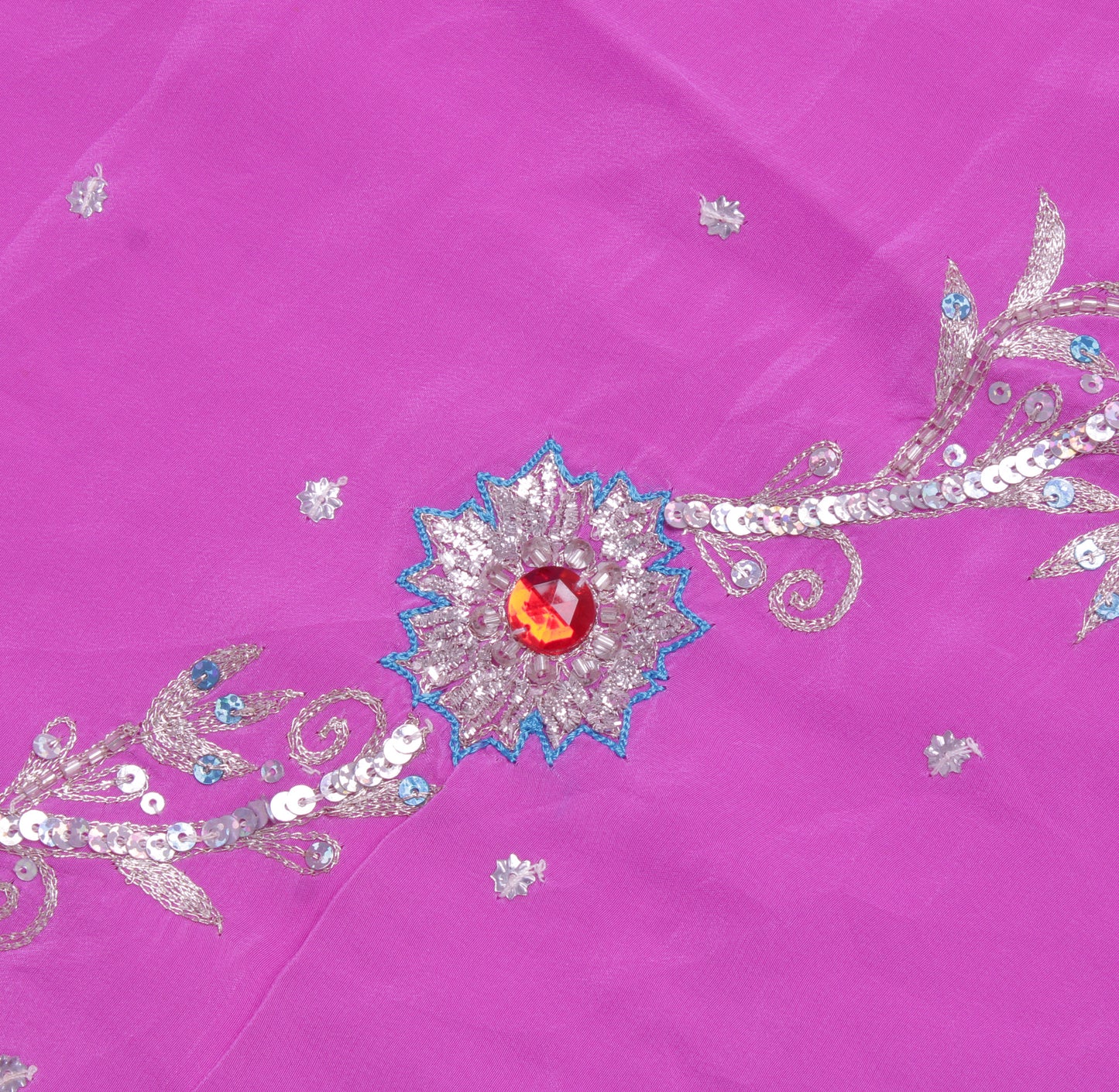 Sushila Vintage Pink Sari Remnant Scrap Pure Crepe Zari Embroidered Craft Fabric
