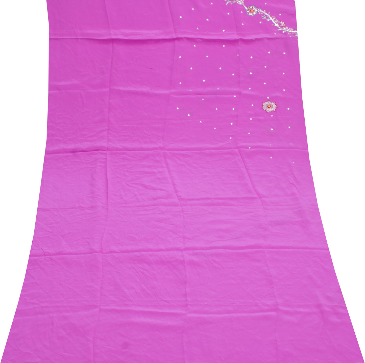Sushila Vintage Pink Sari Remnant Scrap Pure Crepe Zari Embroidered Craft Fabric