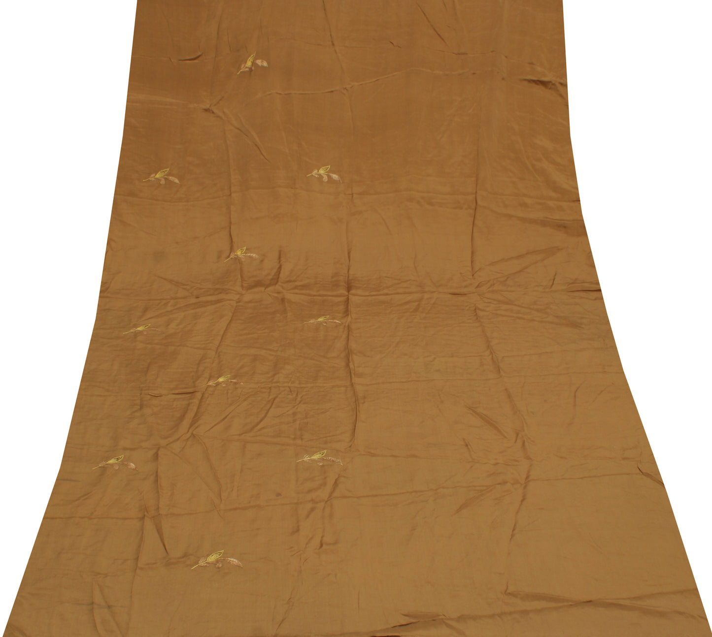 Sushila Vintage Brown Sari Remnant Scrap Pure Crepe Embroidered Craft Fabric