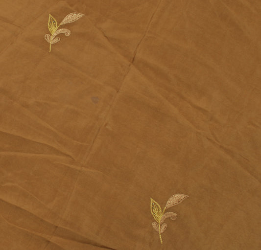 Sushila Vintage Brown Sari Remnant Scrap Pure Crepe Embroidered Craft Fabric