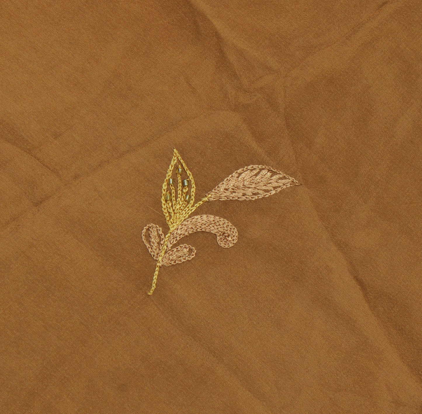 Sushila Vintage Brown Sari Remnant Scrap Pure Crepe Embroidered Craft Fabric