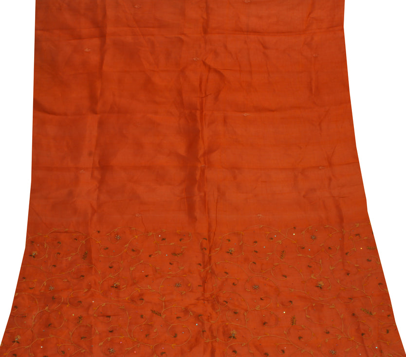 Sushila Vintage Rust Sari Remnant Scrap 100% Pure Silk Embroidered Craft Fabric