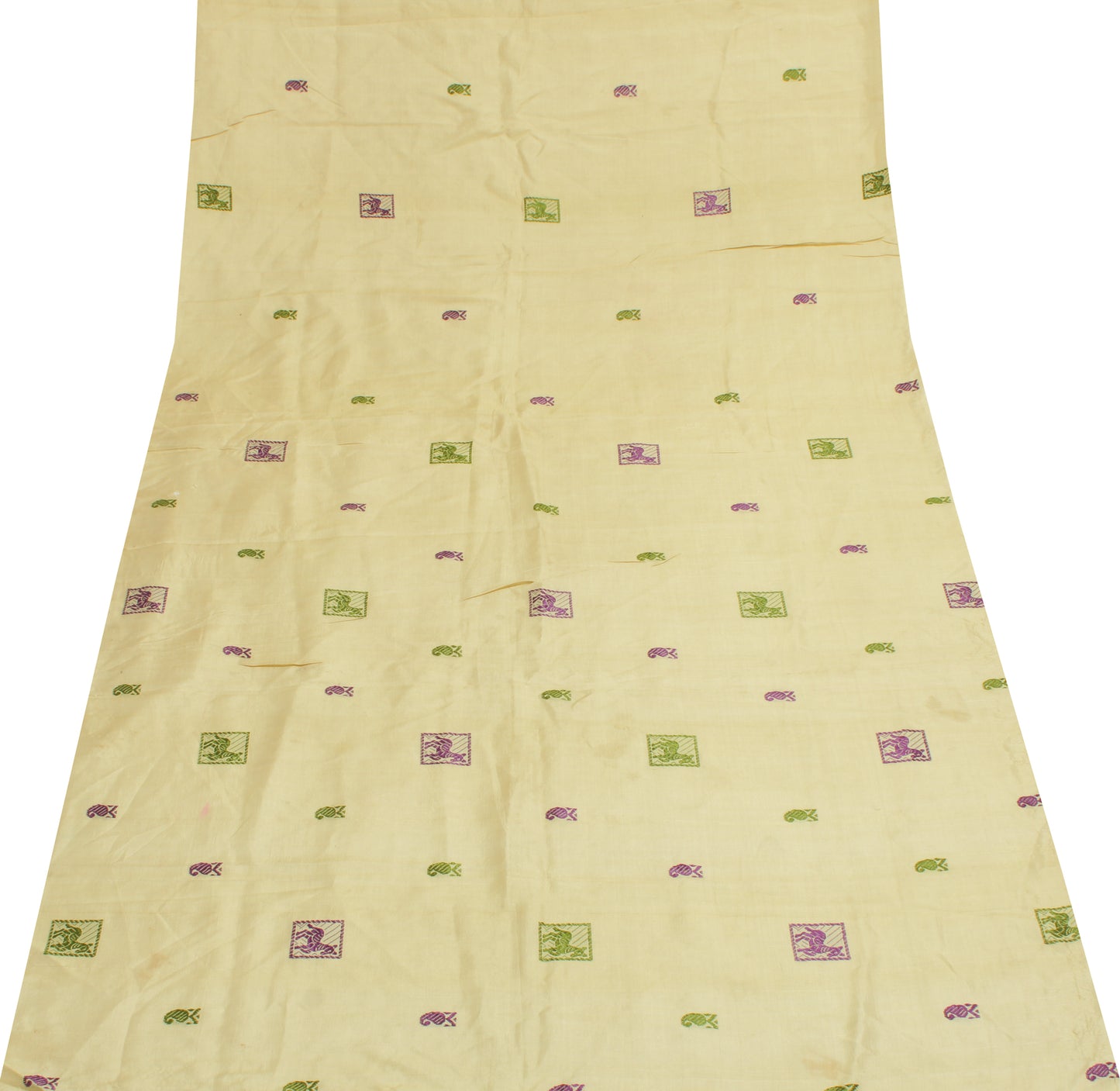 Sushila Vintage Cream Sari Remnant Scrap 100% Pure Silk Woven Craft Fabric