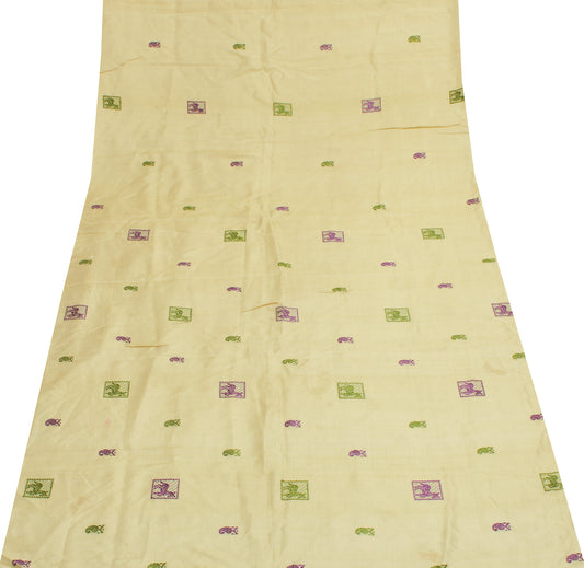 Sushila Vintage Cream Sari Remnant Scrap 100% Pure Silk Woven Craft Fabric