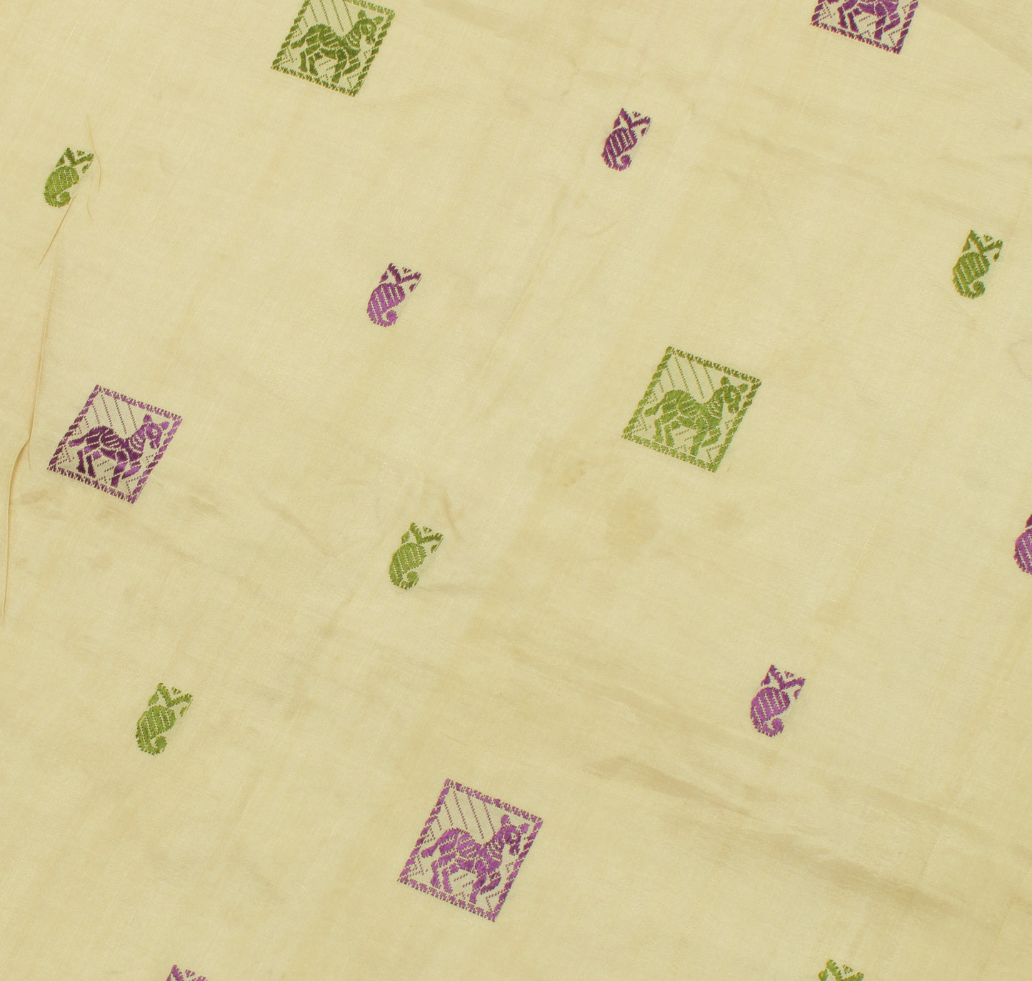 Sushila Vintage Cream Sari Remnant Scrap 100% Pure Silk Woven Craft Fabric