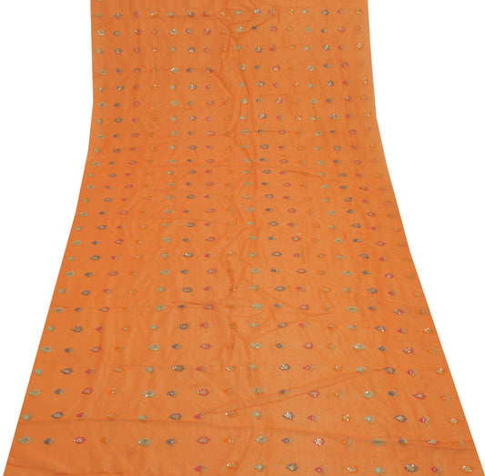 Sushila Vintage Orange Sari Remnant Scrap Pure Georgette Silk Embroidered Fabric