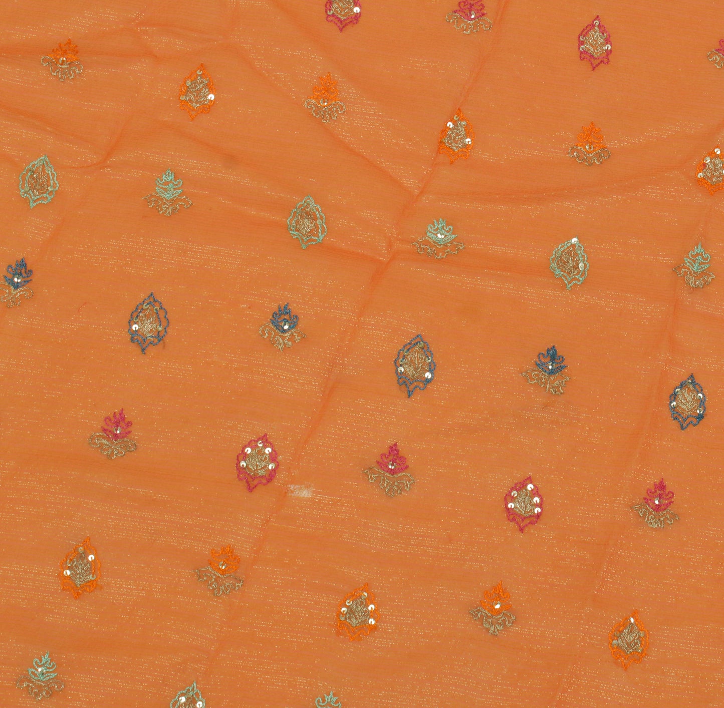 Sushila Vintage Orange Sari Remnant Scrap Pure Georgette Silk Embroidered Fabric