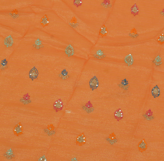 Sushila Vintage Orange Sari Remnant Scrap Pure Georgette Silk Embroidered Fabric