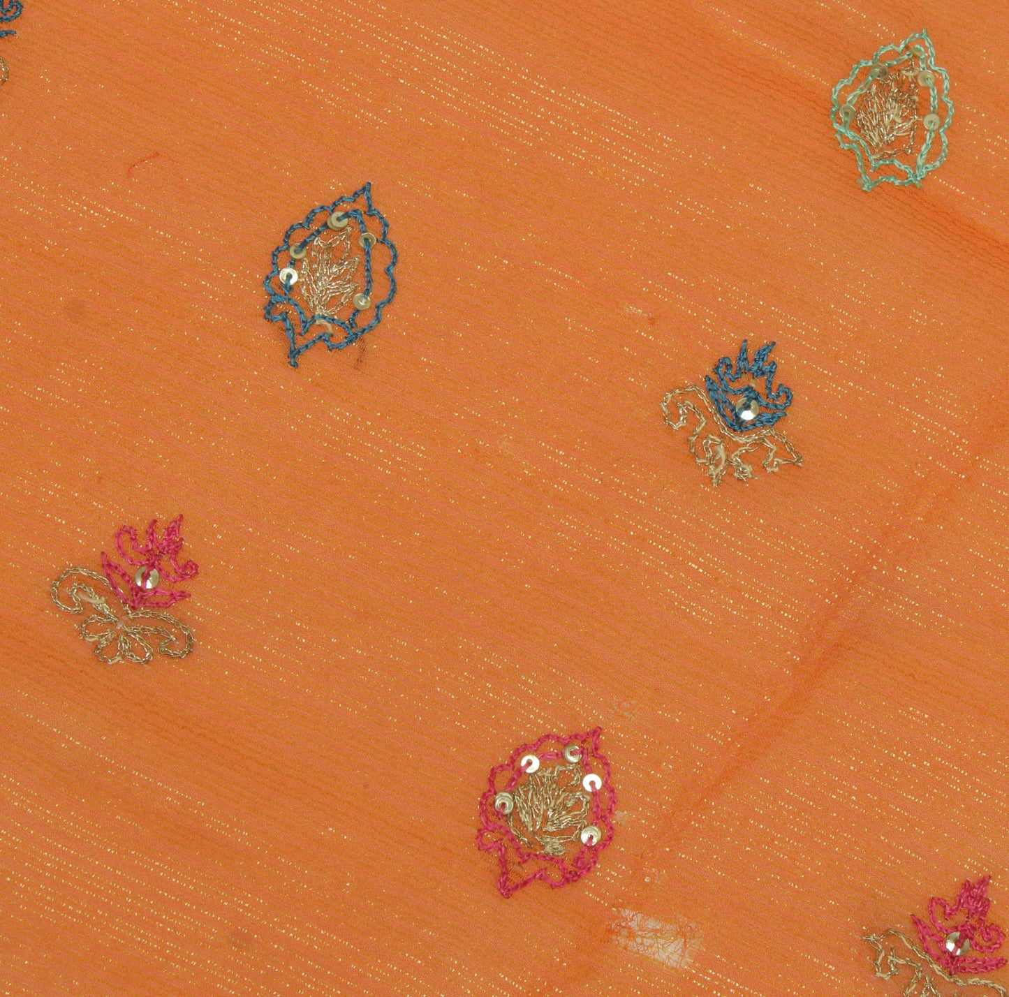 Sushila Vintage Orange Sari Remnant Scrap Pure Georgette Silk Embroidered Fabric