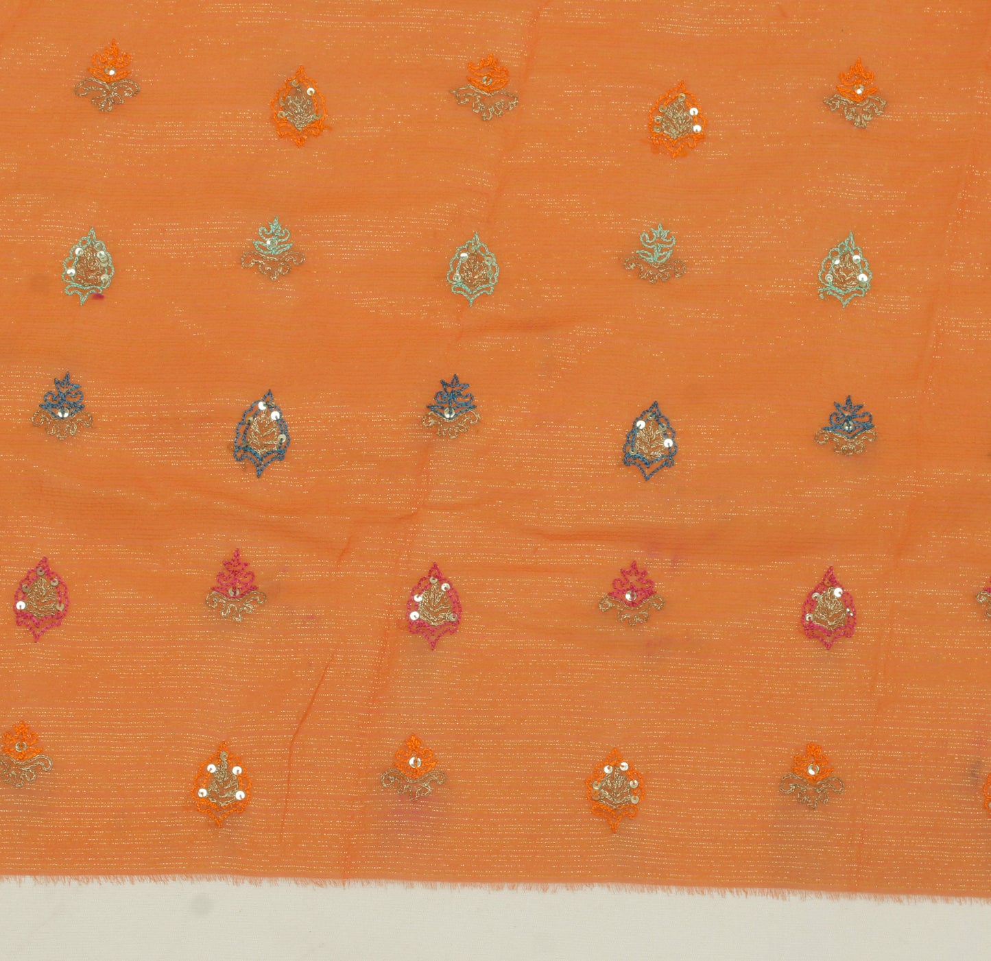 Sushila Vintage Orange Sari Remnant Scrap Pure Georgette Silk Embroidered Fabric