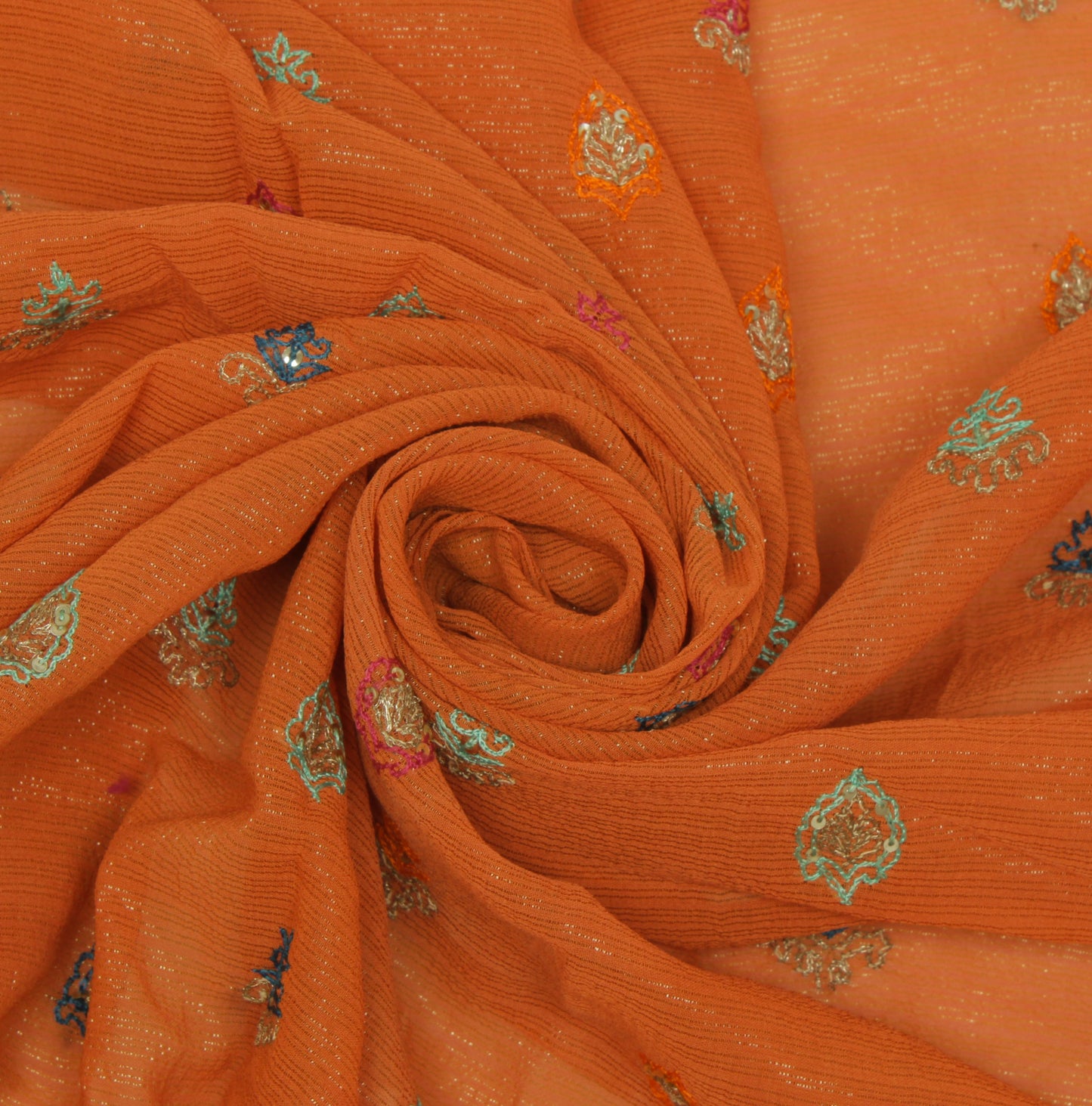 Sushila Vintage Orange Sari Remnant Scrap Pure Georgette Silk Embroidered Fabric