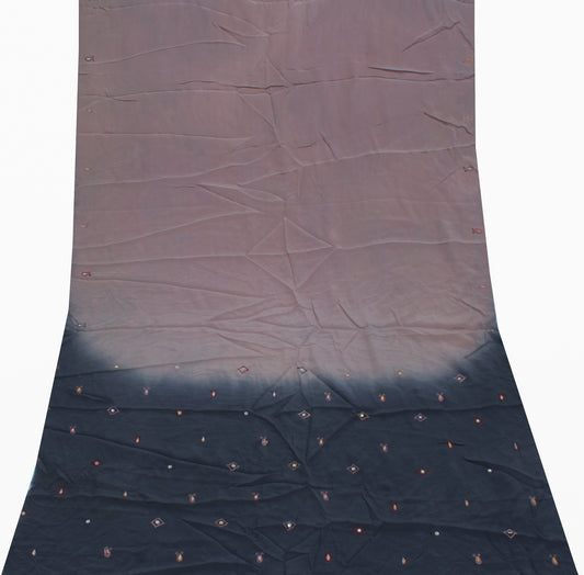 Sushila Vintage Gray Sari Remnant Scrap Pure Crepe Silk Embroidered Craft Fabric