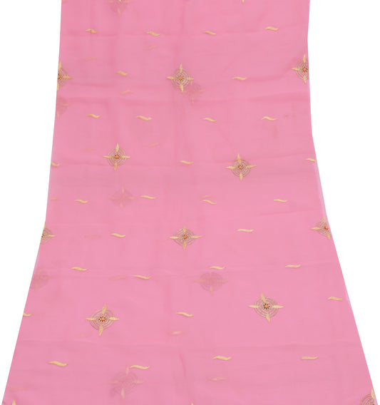 Sushila Vintage Pink Sari Remnant Scrap Blend Georgette Embroidered Craft Fabric