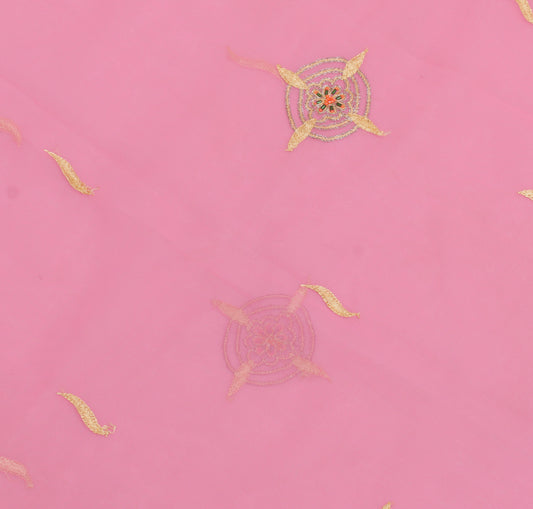 Sushila Vintage Pink Sari Remnant Scrap Blend Georgette Embroidered Craft Fabric