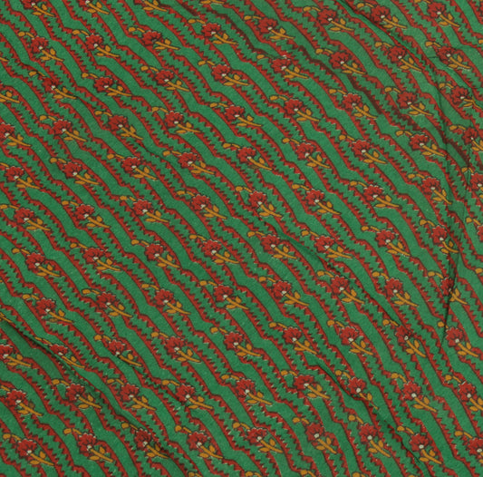Sushila Vintage Green Sari Remnant Scrap Pure Georgette Printed Craft Fabric