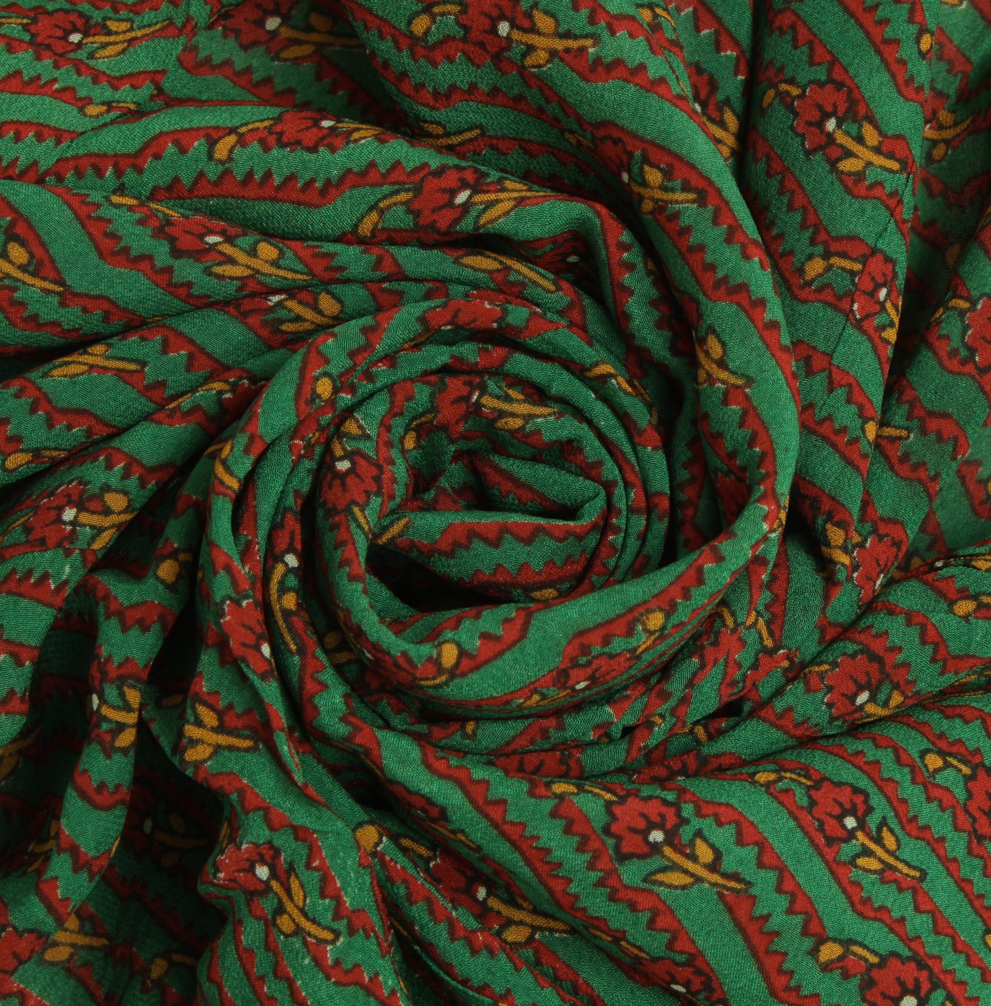 Sushila Vintage Green Sari Remnant Scrap Pure Georgette Printed Craft Fabric