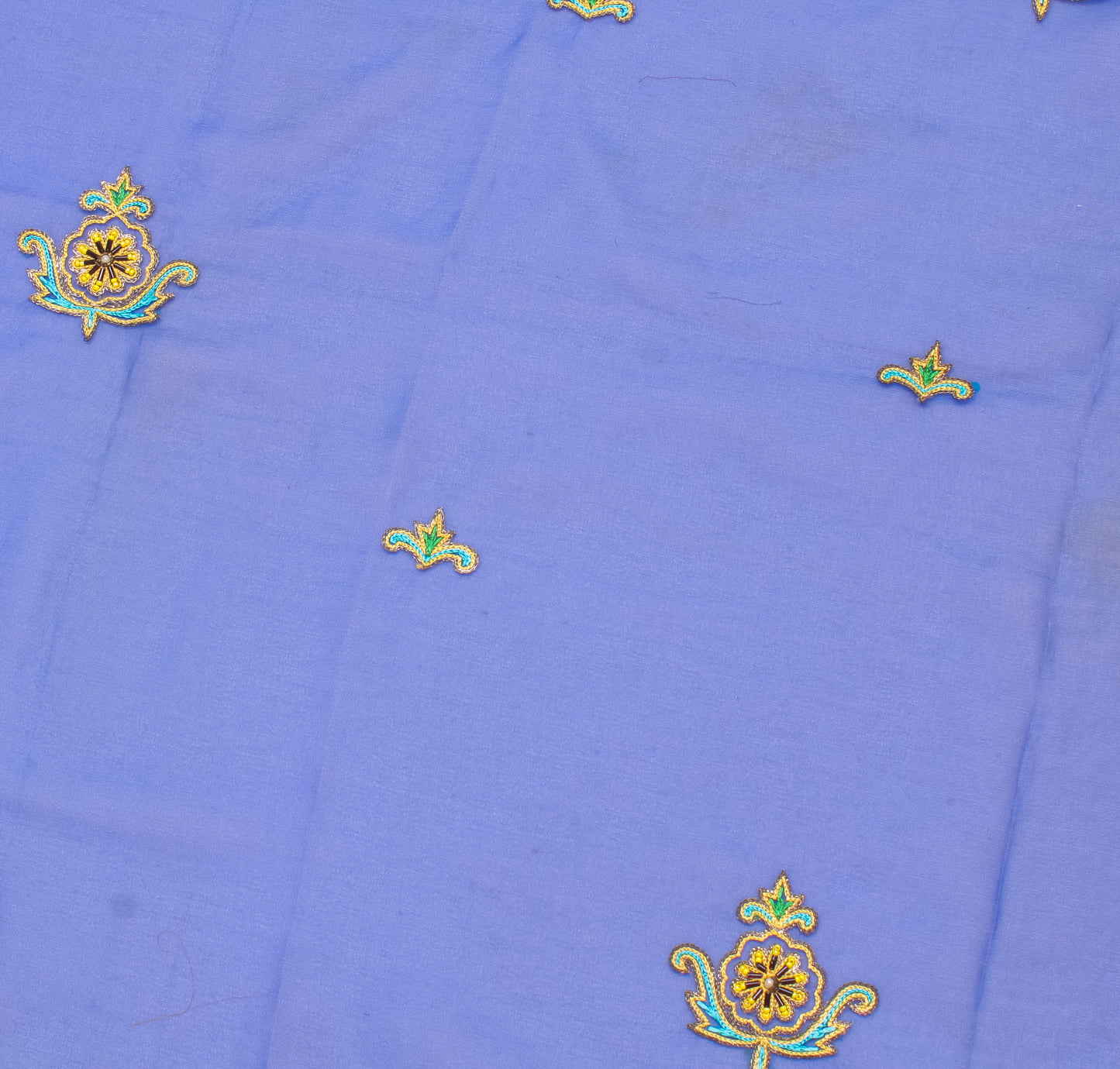 Sushila Vintage Blue Sari Remnant Scrap Blend Georgette Embroidered Craft Fabric