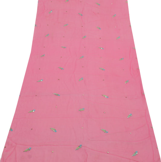 Sushila Vintage Pink Sari Remnant Scrap Pure Georgette Embroidered Craft Fabric