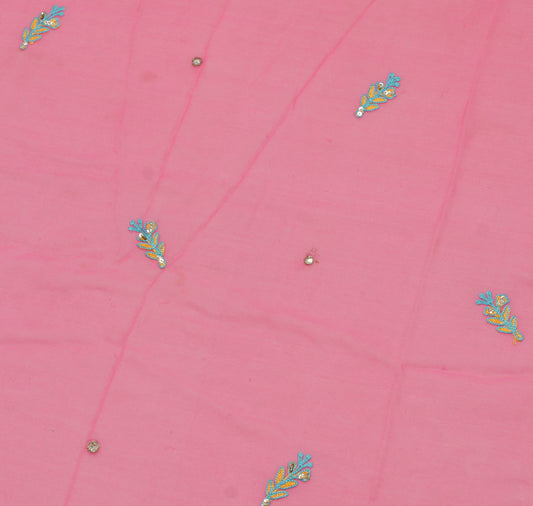 Sushila Vintage Pink Sari Remnant Scrap Pure Georgette Embroidered Craft Fabric