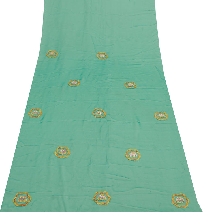 Sushila Vintage Green Indian Sari Remnant Scrap Blend Georgette  Craft Fabric