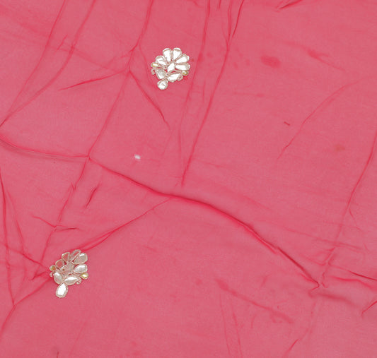 Sushila Vintage Red Sari Remnant Scrap Pure Georgette Hand Beaded Craft Fabric