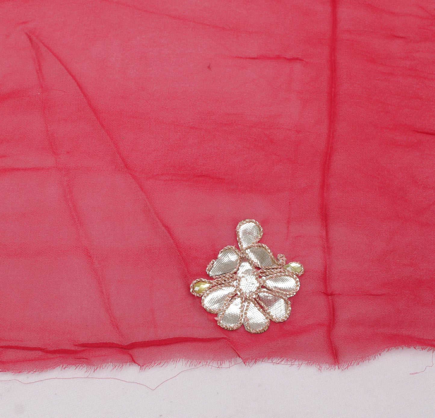 Sushila Vintage Red Sari Remnant Scrap Pure Georgette Hand Beaded Craft Fabric