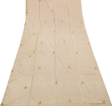 Sushila Vintage Cream Sari Remnant Scrap Pure Cotton Embroidered Craft Fabric