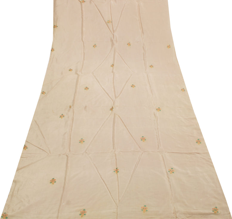 Sushila Vintage Cream Sari Remnant Scrap Pure Cotton Embroidered Craft Fabric
