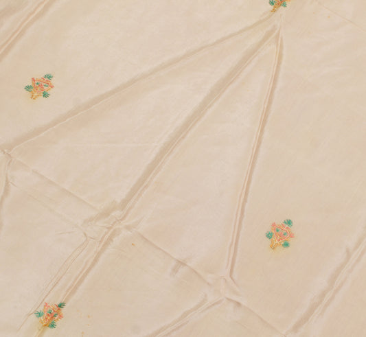 Sushila Vintage Cream Sari Remnant Scrap Pure Cotton Embroidered Craft Fabric