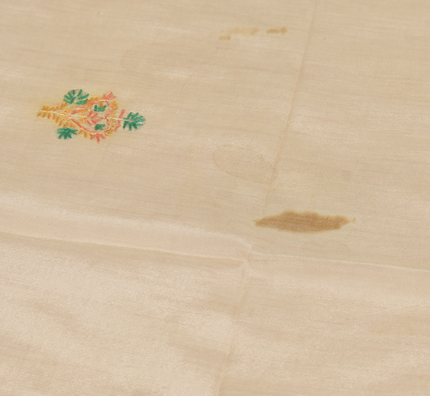 Sushila Vintage Cream Sari Remnant Scrap Pure Cotton Embroidered Craft Fabric