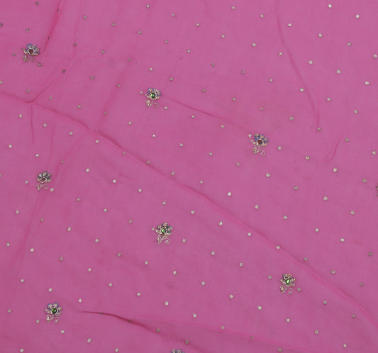 Sushila Vintage Pink Sari Remnant Scrap Pure Georgette Mukesh Work Craft Fabric